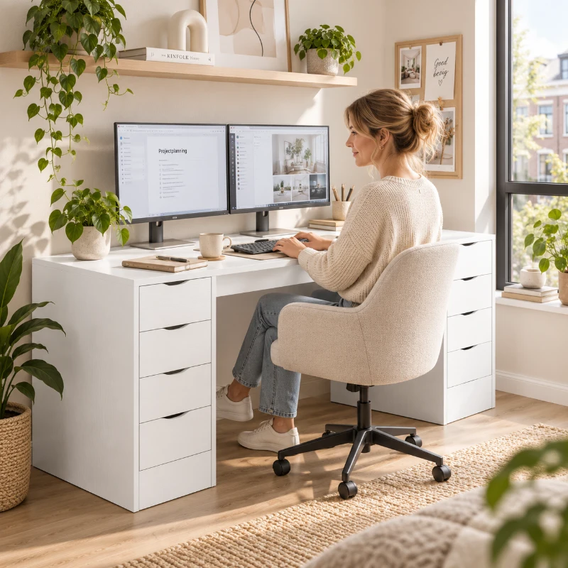 HOMCOM Bureau 140 cm met 8 laden, modern bureau met opbergruimte, witte houtlook