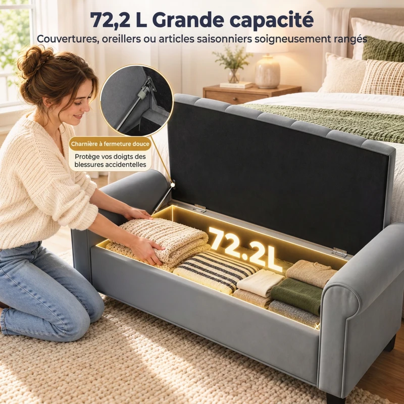 HOMCOM Banc de rangement bout de lit avec accoudoirs, tissu effet velours rembourré et capitonné, 126 x 48,5 x 57 cm, gris(m-4)