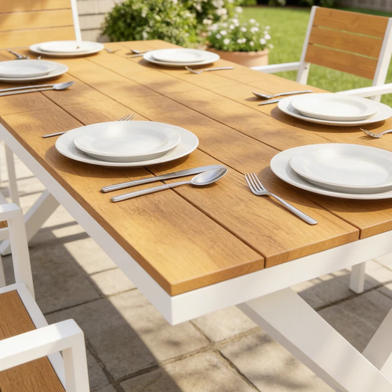 Outsunny Tuinmeubelset 7-delig met tafel en 6 stapelbare stoelen houtlook aluminium frame teak