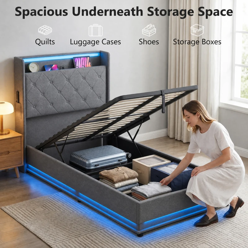 HOMCOM 3ft Single Bed Frame with Headboard, Platform Bed Frame with Hydraulic Storage, LED Lights and Charging Station, Grey