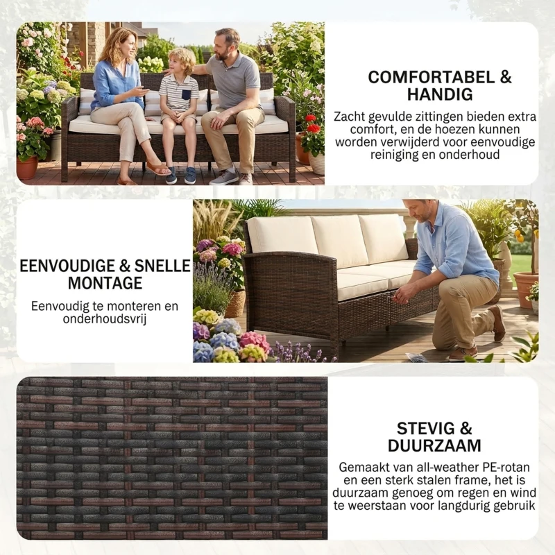 Outsunny rotan bank met kussens, driezits loungebank, staal, grijs, 173 x 68 x 78 cm Outdoor loungebank kussen driezits bruin