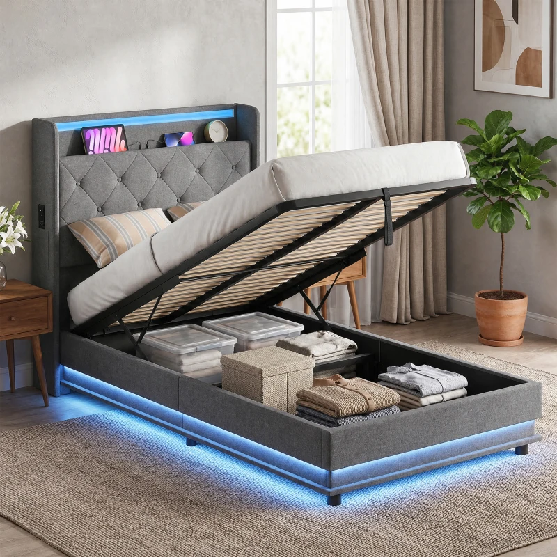 HOMCOM 3ft Single Bed Frame with Headboard, Platform Bed Frame with Hydraulic Storage, LED Lights and Charging Station, Grey