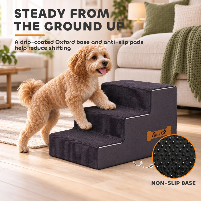 PawHut Dog Steps, 3-Step Dog Stairs for Bed and Sofa, Pet Stairs with Carry Handle, Washable Cover