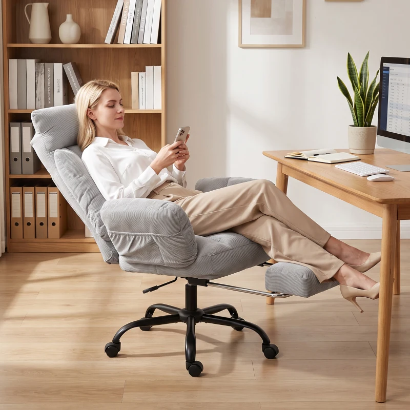 HOMCOM Executive Office Chair Height Adjustable Desk Chair Reclining Flip-up Armrest Footrest, Light Grey