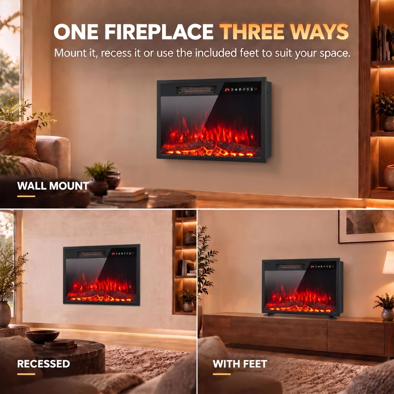HOMCOM Electric Fireplace Insert, Recessed Electric Fire with Adjustable Flame Effect, Timer, Remote, 750W/1500W, Black