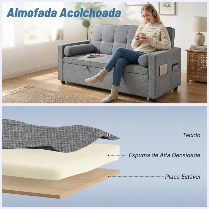 HOMCOM Sofá-Cama 2 Lugares 3 em 1 Deslizante em Tecido Linho com Encosto Ajustável Bolsos 2 Almofadas para Sala de Estar Cinzento