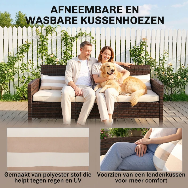 Outsunny rotan bank met kussens, driezits loungebank, staal, grijs, 173 x 68 x 78 cm Outdoor loungebank kussen driezits bruin