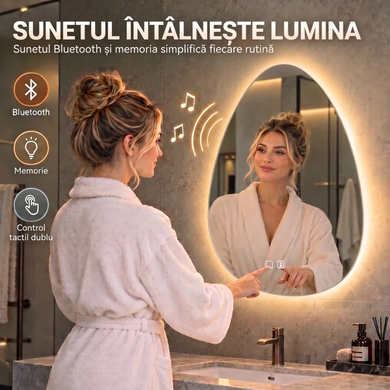 HOMCOM Oglindă de baie cu LED, 3 culori, 50x70 cm, neregulată, Bluetooth, anti-aburire, touch