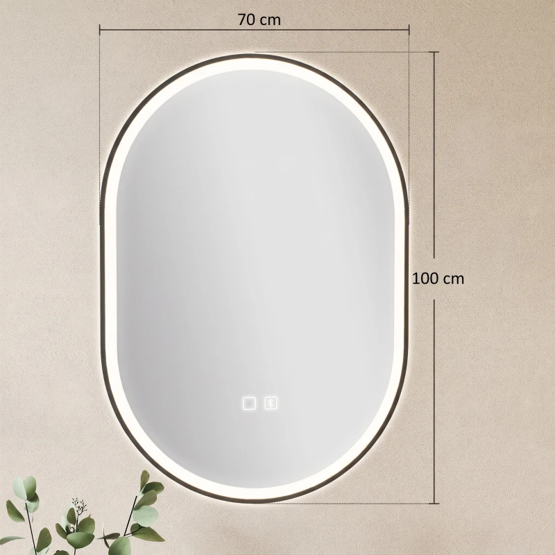 HOMCOM Oglindă de Baie Ovală cu LED 70x100 cm, Bluetooth, Memorie, Butoane Tactile, Antiaburire