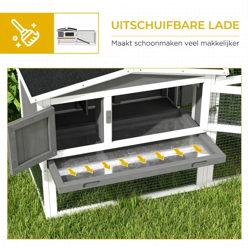 PawHut Konijnenhok van Sparrenhout met Asfaltdak, Kleine Dierenverblijf, 156 x 58 x 68 cm, Lichtgrijs(m-6)