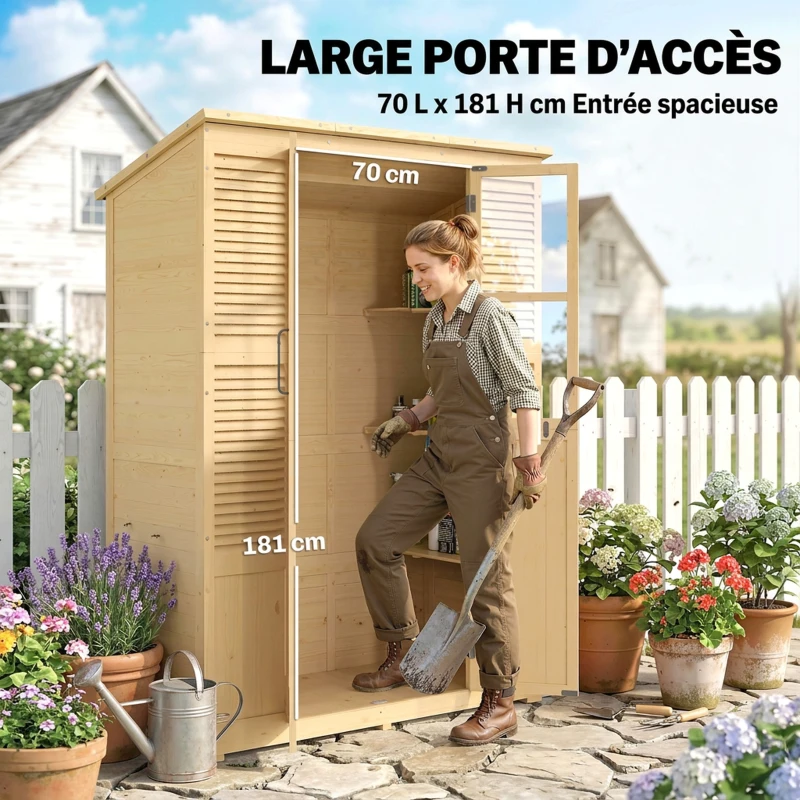 Outsunny Armoire de Jardin, 4 Fenêtres, 6 Étagères, Toit en Asphalte Hydrofuge, Ventilation à Persiennes, 147x68x198cm, Naturel