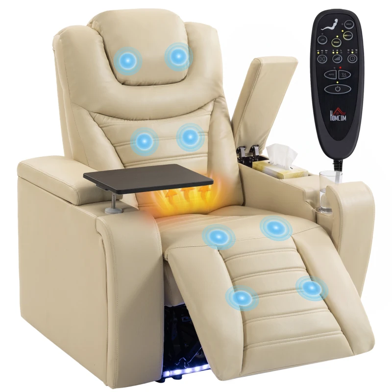 HOMCOM Fauteuil Relax Inclinable Électrique Chaleur Lombaire Massage Vibratoire Lumière LED Repose-pieds Ports USB et Type-C Blanc Crème