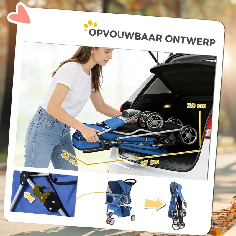 PawHut Hondenwagen Hondenbuggy Opvouwbaar tot 10kg met Opbergmand, Kussen, Mesh-vensters, voor Kleine Honden, 77x44x102cm Blauw