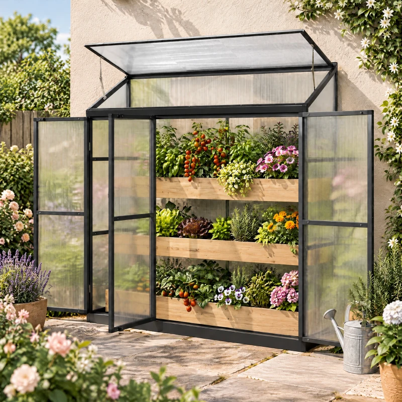 Outsunny 6 x 1.5ft Polycarbonate Greenhouse, Quick Setup, Lean-to Green House with 3 Hinged Doors, Top Vent, Black