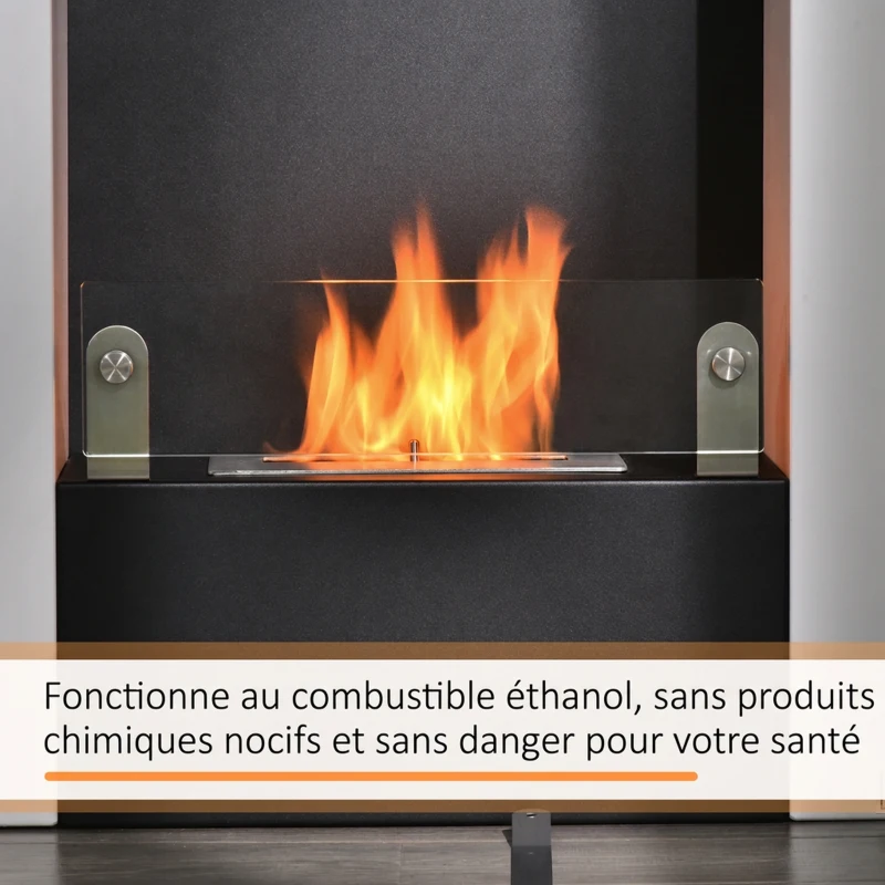 HOMCOM Cheminée bioéthanol brûleur 0,9 L avec plateau de rangement en verre trempé 60 x 20 x 79 cm Acier Noir et Blanc