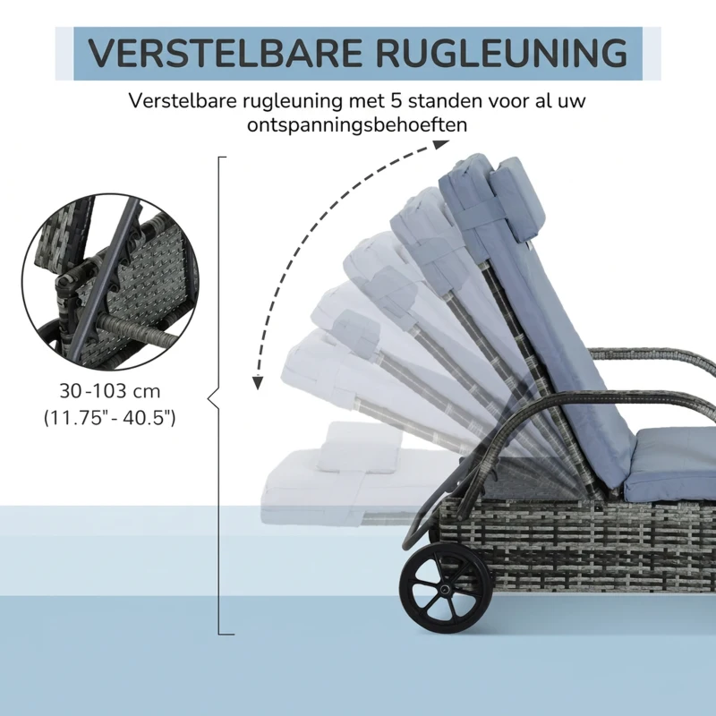 Outsunny poly-rotan ligbank ligstoel rotan ligstoel tuinmeubel mobiel grijs