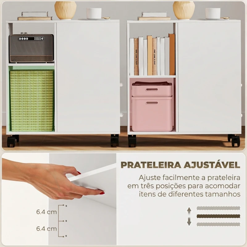 HOMCOM Móvel para Impressora com Rodas, 2 Gavetas, Prateleira Ajustável e 3 Compartimentos Abertos para Documentos A4, Branco