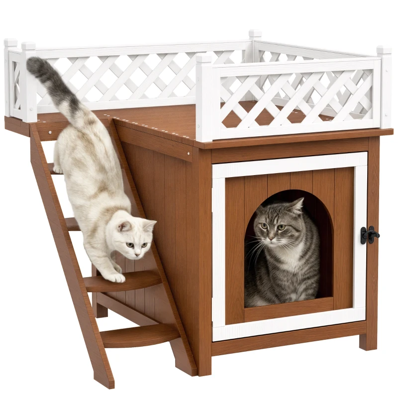 PawHut Kattenhuis, Tweelaags met Balkon en Trap, Voor Binnen en Buiten, Voor Katten en Konijnen, Sparrenhout, Bruin
