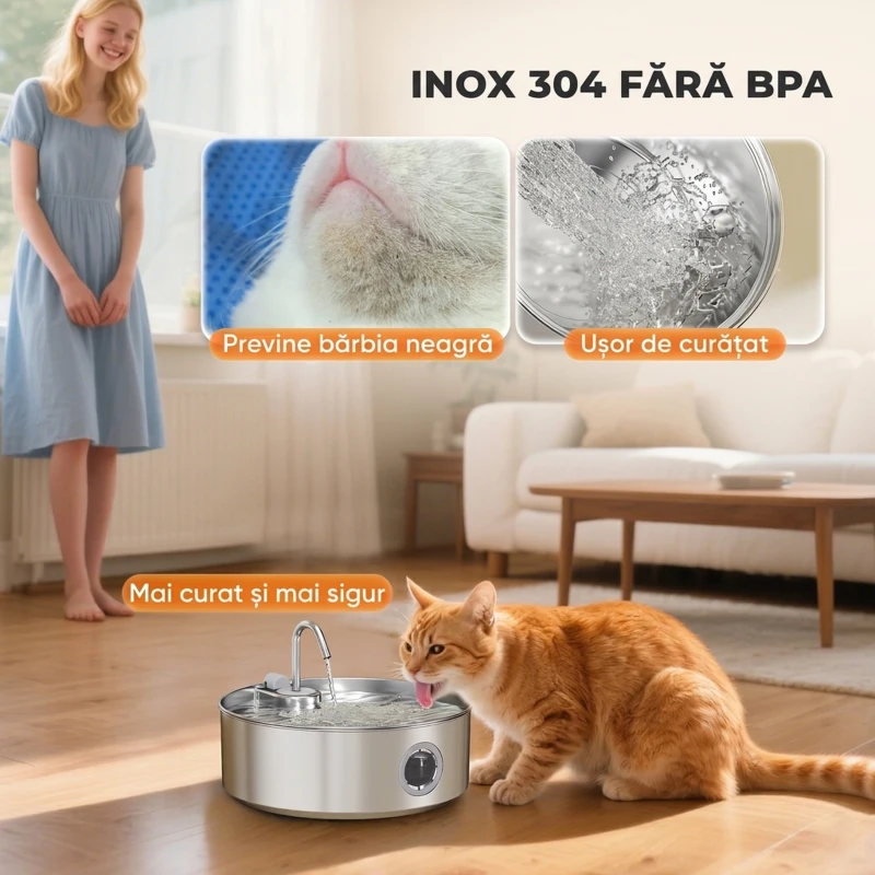 PawHut Fântână pentru Pisici 7L cu Lumină LED și Filtrare Triplă, din Oțel Inoxidabil 304, 30.5x31.2x19.3 cm, Argintiu