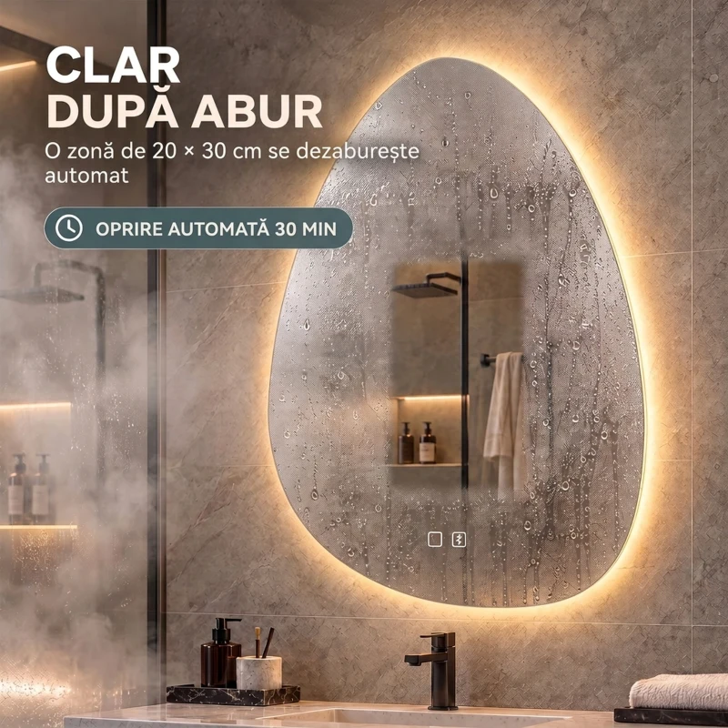 HOMCOM Oglindă de baie cu LED, 3 culori, 60x80 cm, neregulată, Bluetooth, antiaburire, touch
