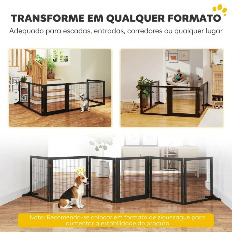 PawHut Barreira de Segurança Dobrável para Cães em Madeira para Escadas e Portas com Pés de Apoio 432x36x70 cm Preta