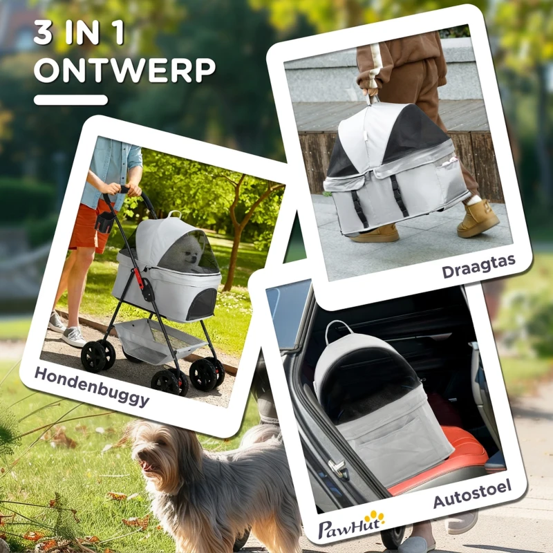 PawHut 3-in-1 Huisdierenkinderwagen, Opvouwbare hondenwagen met 4 wielen en afneembare drager voor honden en katten, Grijs