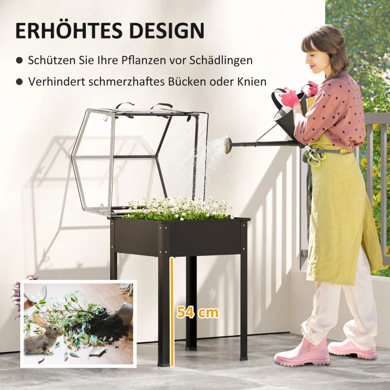 Outsunny Verhoogde Tuinbak met Kasdak, Verhoogde Plantenbox met Afvoergaten, 60 x 60 x 120 cm, Zwart