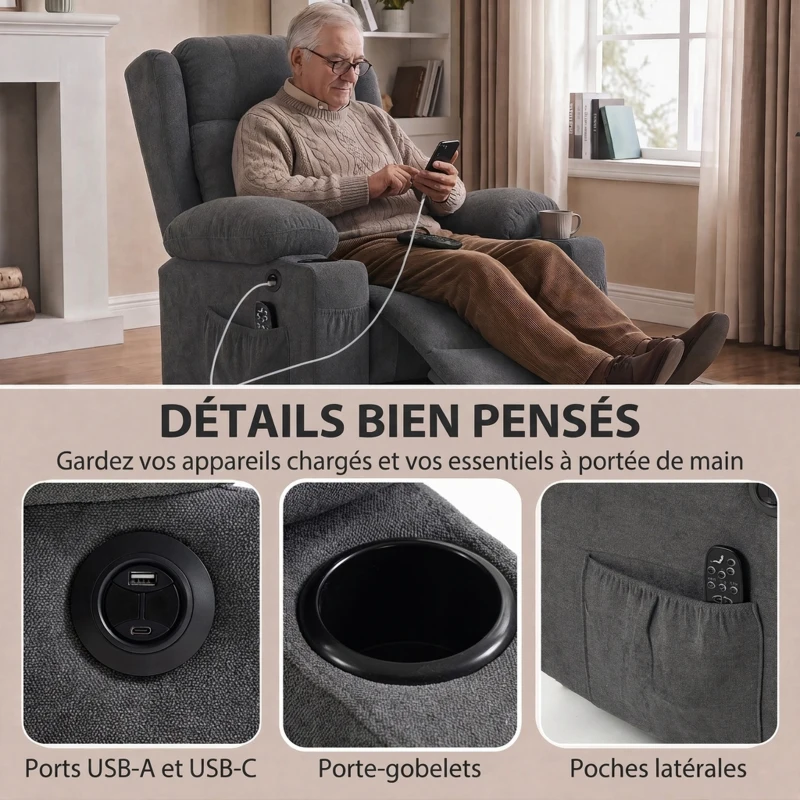 HOMCOM Fauteuil Releveur Électrique Massage Vibration et Chaleur, Fauteuil Relax Électrique Inclinable en Tissu Éponge, Gris