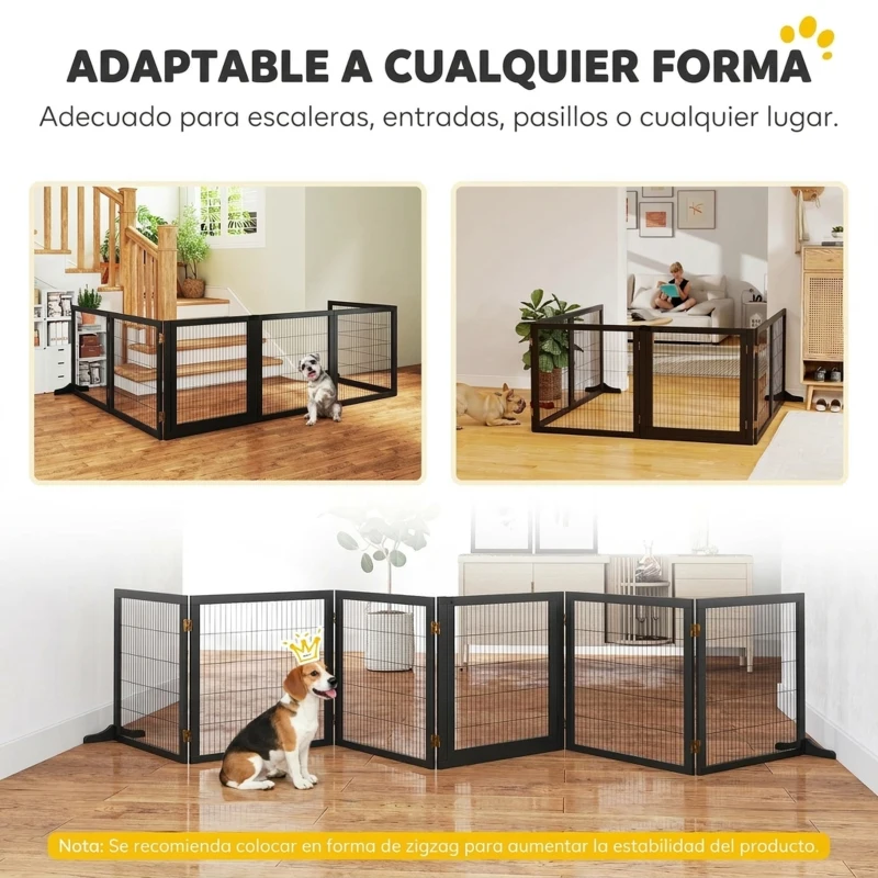 PawHut Barrera de Seguridad para Perros Plegable de Madera para Escaleras y Puertas con Soporte de Pie 432x36x70 cm Negro