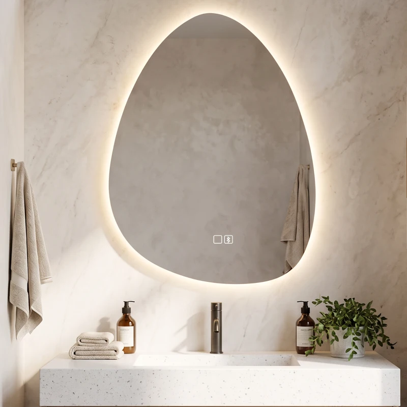HOMCOM Oglindă de baie cu LED, 3 culori, 50x70 cm, neregulată, Bluetooth, anti-aburire, touch