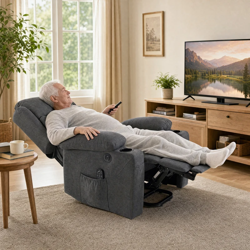 HOMCOM Poltrona Relax Elétrica Elevatória com 8 Pontos de Massagem e Calor Lombar, USB, Comando e Apoio para Pés, Cinzento