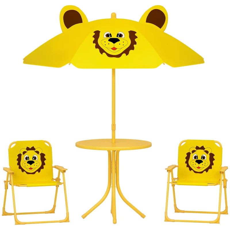 AIYAPLAY Kindertuinmeubelset, Stoelen, Tafel, Parasol, Leeuwendesign, Geel