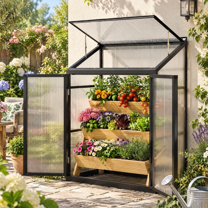 Outsunny 4 x 2ft Polycarbonate Greenhouse, Quick Setup, Lean-to Green House with 2 Hinged Doors, Top Vent, Black