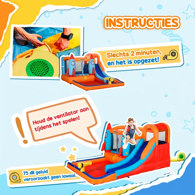 Outsunny Opblaasbaar Springkasteel met Blower voor 4 Kinderen Raketpatroon