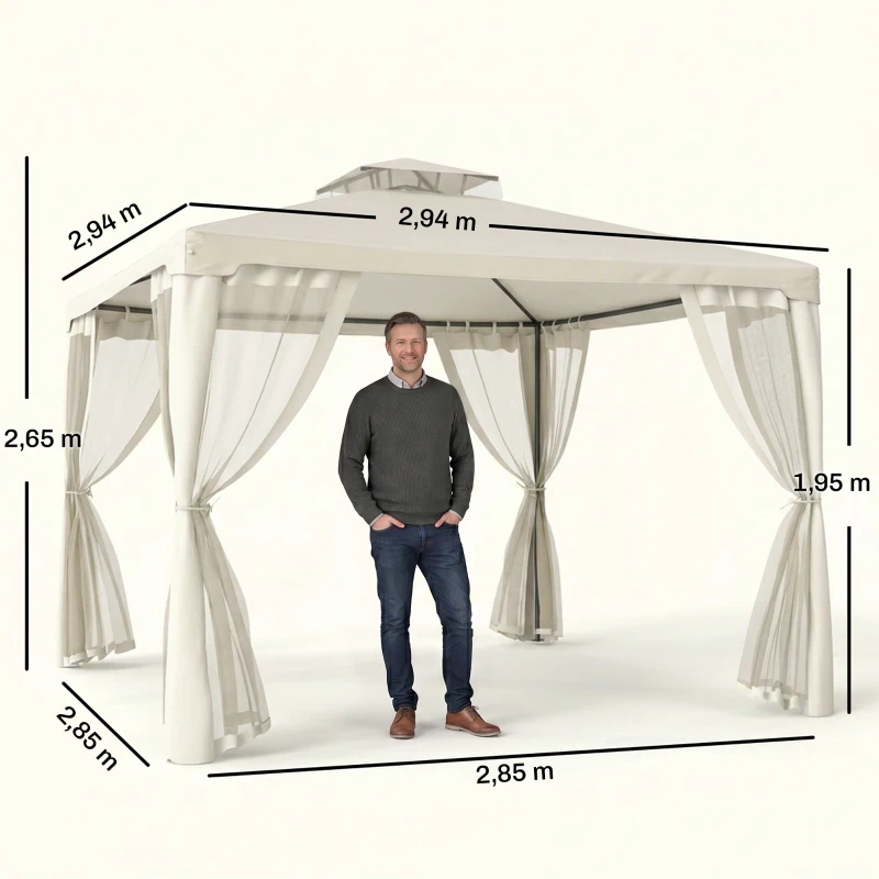 Outsunny tuinpaviljoen gazebo tuintent partytent met 4 x zijwand weerbestendig metaal + polyester crème wit 3 x 3 x 2.6 m(m-3)