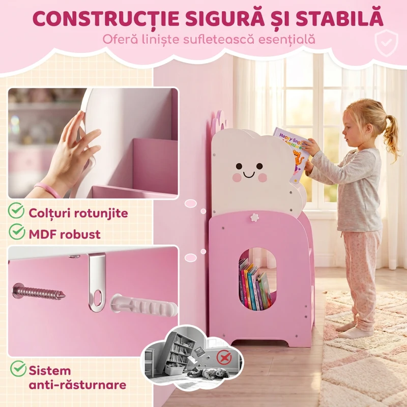 AIYAPLAY Bibliotecă Copii 3-în-1, 4 Compartimente, 3 Rafturi, Noptieră pentru Cameră, Roz.