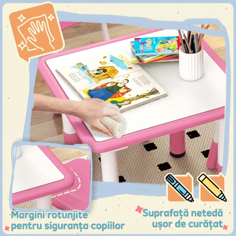 AIYAPLAY Set masă și scaune pentru copii, 5 piese, cu 4 scaune ajustabile 32x36x52.5-56 cm și masă 60x60x46-58 cm, roz