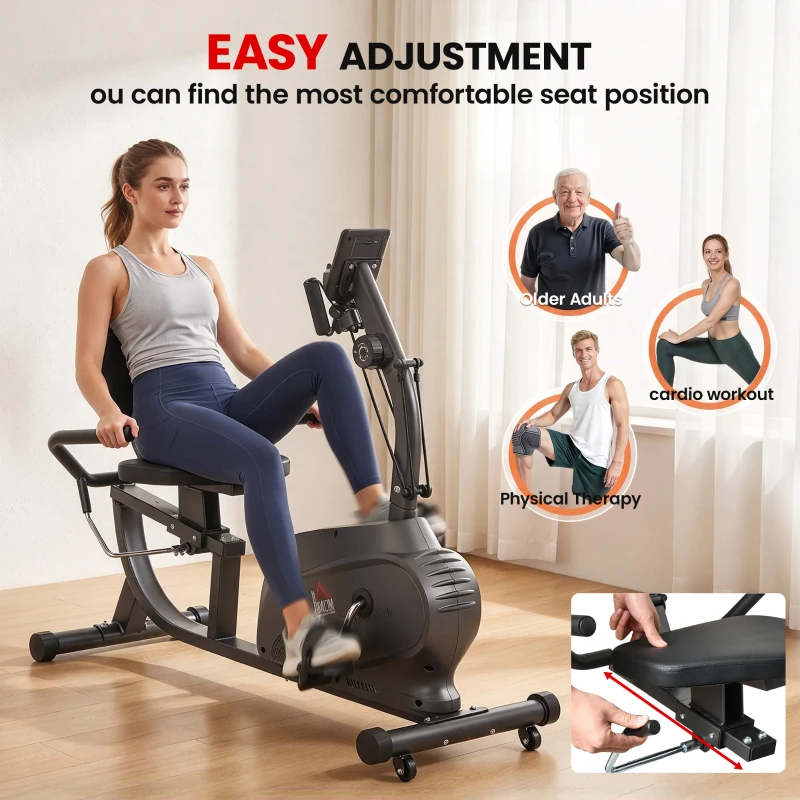 HOMCOM Recumbent Seated Exercise Bike, Recovery Rehab Exercise Bike Home Exerciser, 8-Level Magnetic Resistance Stationary Bike with Pad Holder, LCD Monitor, Wheels for Indoor Cardio Workout, Black