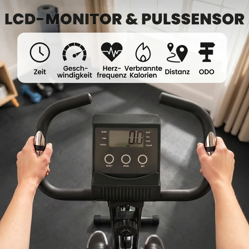 HOMCOM Heimtrainer 2-in-1 Fahrradtrainer mit LCD-Display Pulsmesser verstellbar Sitz Räder, klappbarer Hometrainer Trimmrad mit 8 stufig Magnetwiderstand, Spannseil, Stahl