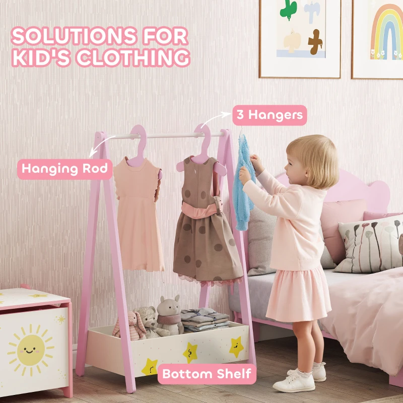 AIYAPLAY Baby Clothing Rack with Hangers, Storage Shelf for Bedroom, Star Theme, for Ages 3-6, Pink