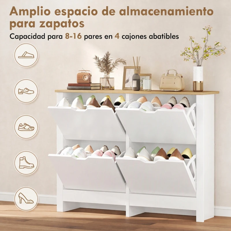 HOMCOM Zapatero Estrecho con 4 Cajones Abatibles Estantes Ajustables para 16 Pares de Zapatos 105x26x80 cm Blanco
