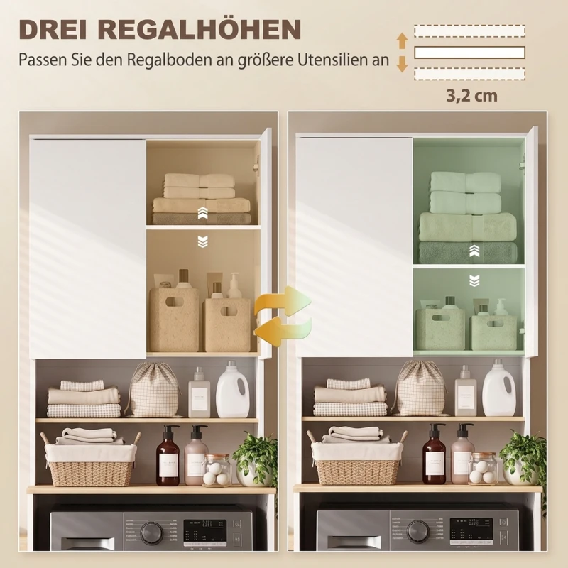 HOMCOM Wasmachinekast met verstelbare legplank en 2 deuren, wit/eiken