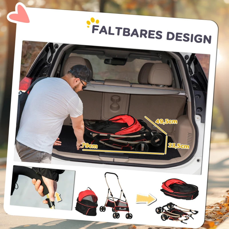 PawHut 2-in-1 Hondenbuggy en Hondentrolley, Opvouwbaar, 1 Mand, 1 Tas, 82 cm x 49,5 cm x 98 cm, Rood