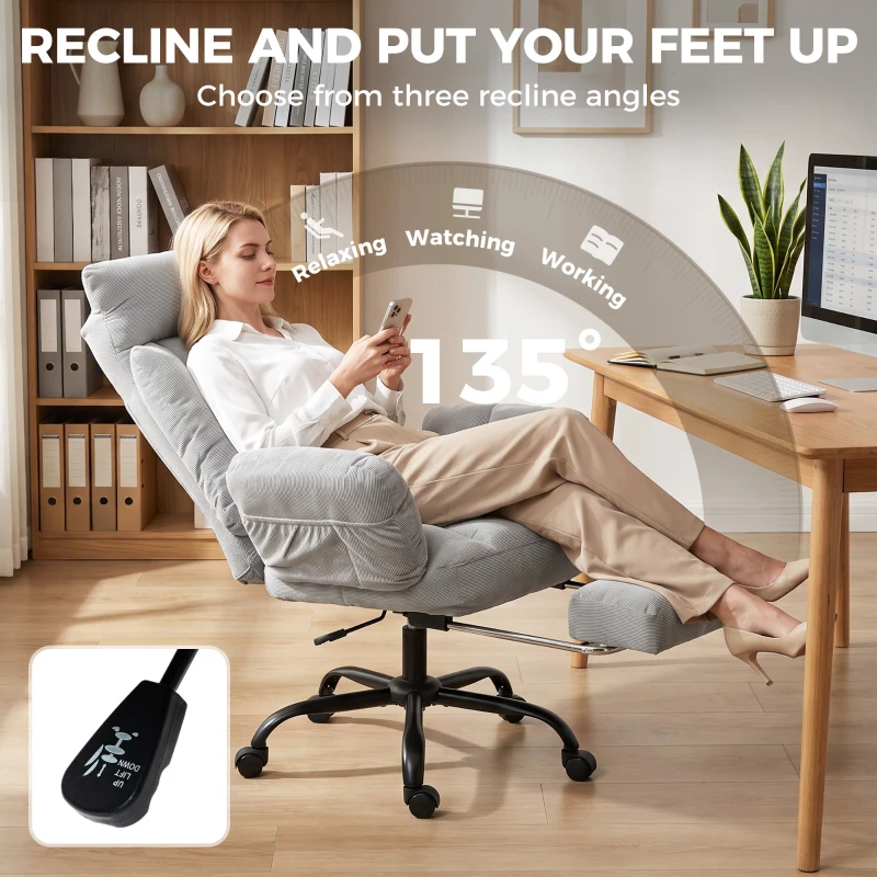 HOMCOM Executive Office Chair Height Adjustable Desk Chair Reclining Flip-up Armrest Footrest, Light Grey