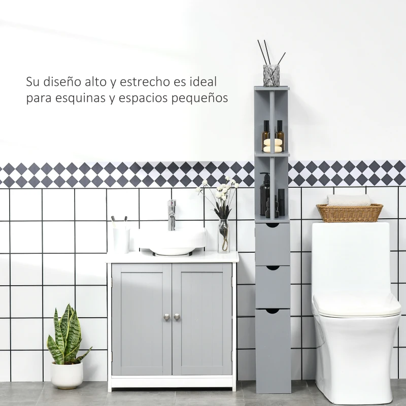 HOMCOM Columna de Baño Moderno Mueble Auxiliar de Baño con 2 Estantes 2 Cajones y 1 Puerta Antivuelco 15x33x136,8 cm Gris