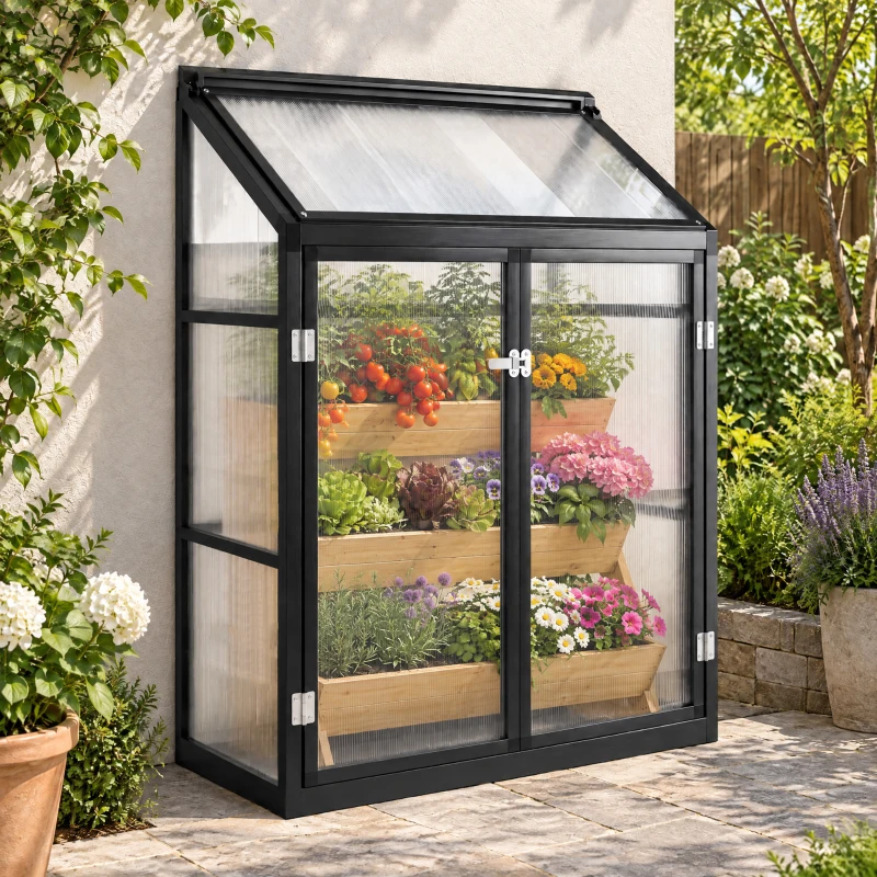 Outsunny 4 x 2ft Polycarbonate Greenhouse, Quick Setup, Lean-to Green House with 2 Hinged Doors, Top Vent, Black
