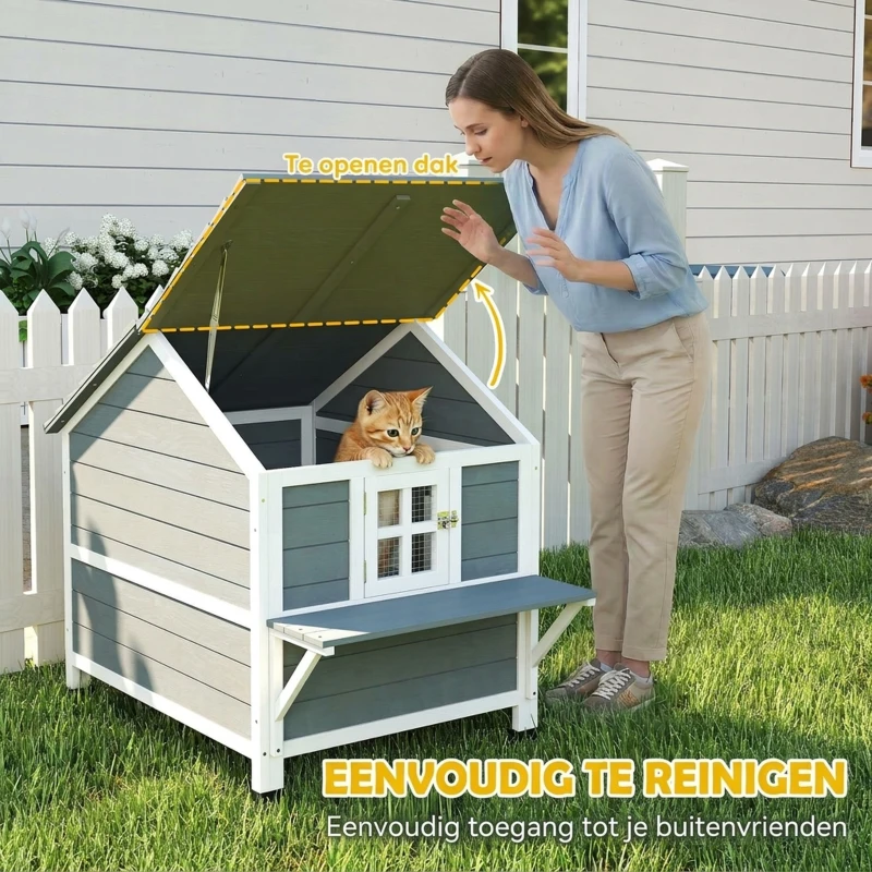 PawHut Kattenhuis van hout 2 verdiepingen kattengrot met waterdicht opklapbaar dak, zijplatform, 101x72,5x81cm, Grijs