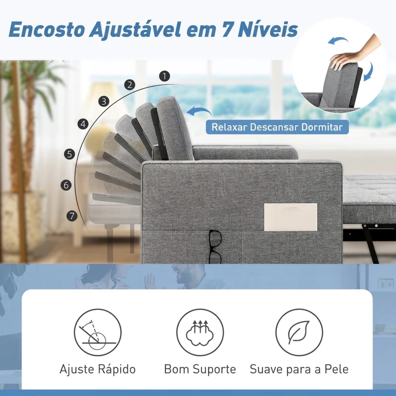 HOMCOM Sofá-Cama 2 Lugares 3 em 1 Deslizante em Tecido Linho com Encosto Ajustável Bolsos 2 Almofadas para Sala de Estar Cinzento
