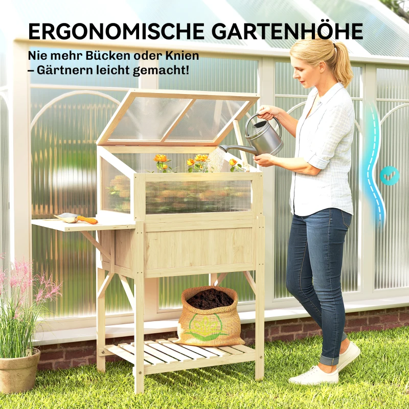 Outsunny Hoogbed met broeikasopzet van hout plantenbak met kas, inklapbare zijtafel en opbergruimte, naturel hout