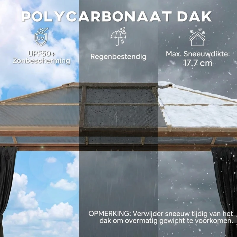 Outsunny Tuinpaviljoen ca. 4x3m aluminium paviljoen met polycarbonaat dak 6 mm muggennet 4 zijpanelen houtlook natuurlijk hout